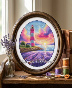 Lavender lighthouse cross stitch pattern with pink‑and‑white striped lighthouse, sunset sky, and purple lavender field by Viktoriia Pakhomova in embroidery hoop.