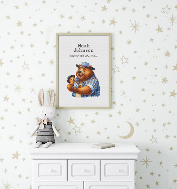 Framed Teddy Bear cross stitch birth announcement with pastel colors and personalized baby details
