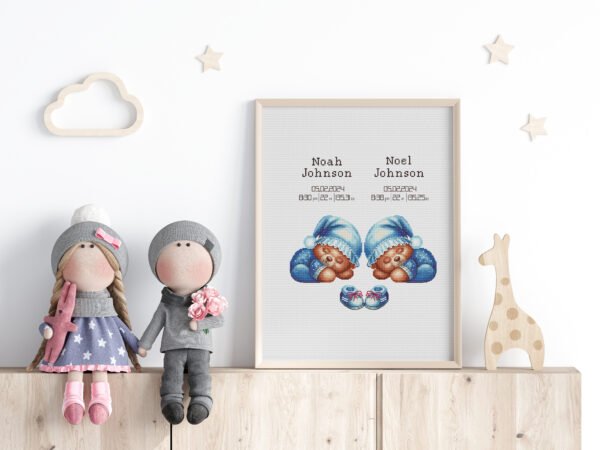 177 Framed twins teddy bear cross stitch birth announcement with pastel colors and personalized baby details