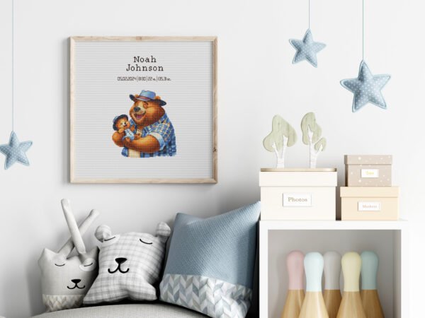 Framed Teddy Bear cross stitch birth announcement with pastel colors and personalized baby details