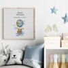 Framed Teddy Bear Balloon cross stitch birth announcement with pastel colors and personalized baby details