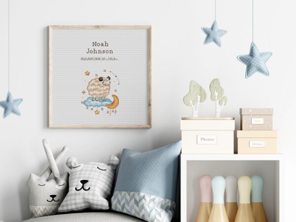 Framed Baby Aries cross stitch birth announcement with pastel colors and personalized baby details