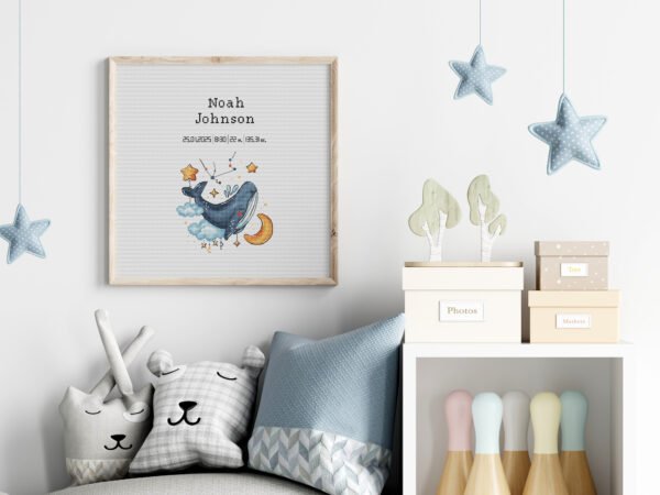 178 Framed Baby Aquarius cross stitch birth announcement with pastel colors and personalized baby details.