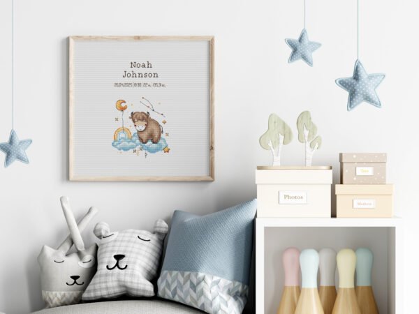 Framed Baby Taurus cross stitch birth announcement featuring a cute zodiac design and customizable baby details for nursery décor
