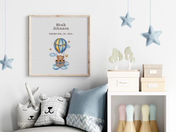 Framed Teddy Bear Balloon cross stitch birth announcement with pastel colors and personalized baby details