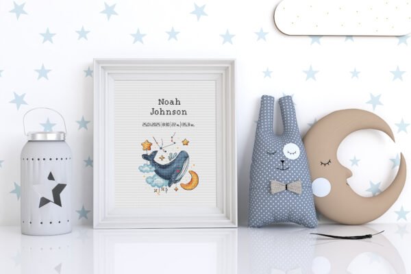 179 Framed Baby Aquarius cross stitch birth announcement with pastel colors and personalized baby details.