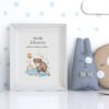 Framed Baby Taurus cross stitch birth announcement featuring a cute zodiac design and customizable baby details for nursery décor