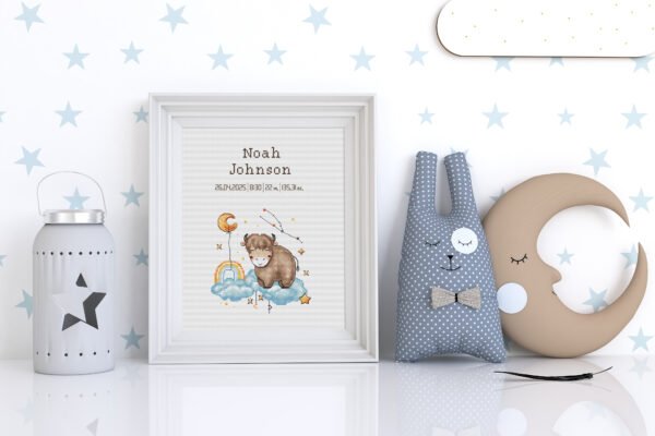 Framed Baby Taurus cross stitch birth announcement featuring a cute zodiac design and customizable baby details for nursery décor