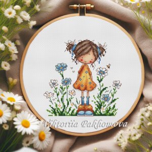Whimsical girl cross stitch in hoop with daisies and soft floral details