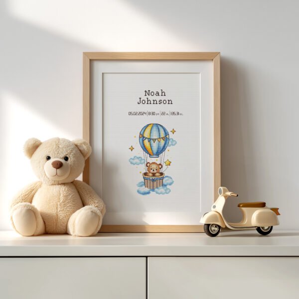 Teddy Bear Balloon Cross Stitch Pattern  Personalized Baby Birth Announcement Nursery Decor PDF