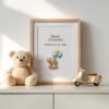 Framed Teddy Bear cross stitch birth announcement with pastel colors and personalized baby details
