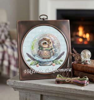 Snow globe owl cross stitch pattern – winter bird embroidery design