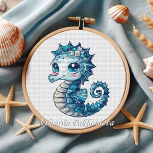 Cute baby seahorse cross stitch pattern in pastel ocean colors inside embroidery hoop
