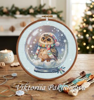 Snow globe owl cross stitch pattern – winter bird embroidery design