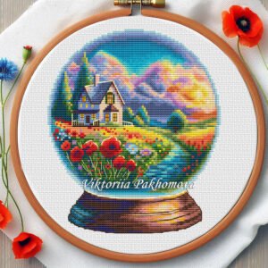 25 Cross stitch embroidery of a glass ball with a poppy field, cozy house and bright summer colors in a wooden hoop