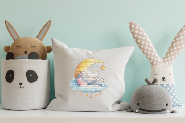 Mockup pillow in the children's room on light blue colors wall b baby elephant cross stitch on decorative pillowcase
