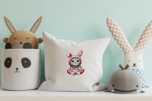 Mockup pillow in the children's room on light blue colors wall b Decorative pillow with an embroidered cross stitch design of a cute animal pattern, styled for cozy nursery décor.