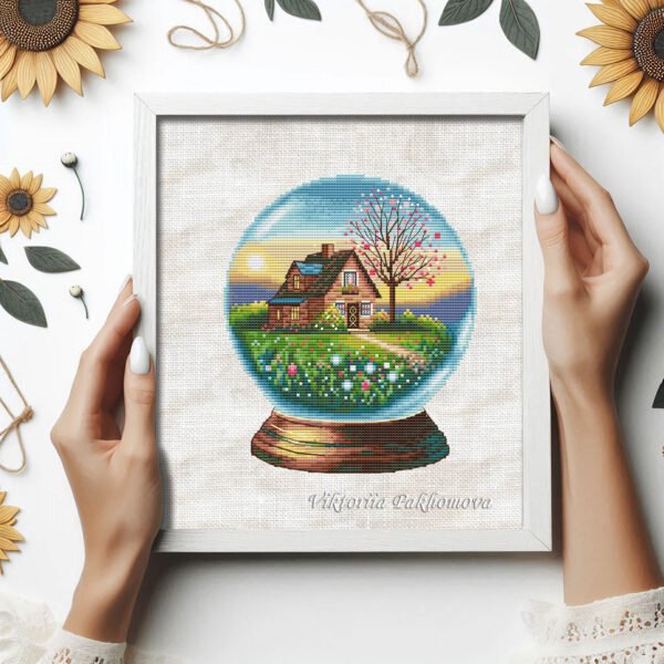 Framed cross stitch artwork showing a glass ball with a spring garden, cozy house and bright floral colors