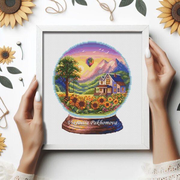 42 Framed cross stitch artwork featuring a sunflower landscape inside a glass ball with a cozy house and bright summer colors