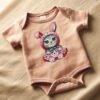 50 Baby onesie featuring an embroidered cross stitch design of a cute animal pattern, shown as a soft nursery‑themed mockup.