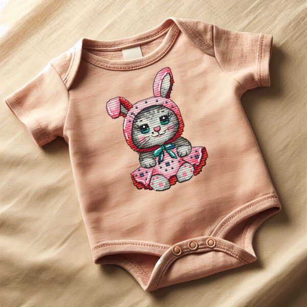 50 Baby onesie featuring an embroidered cross stitch design of a cute animal pattern, shown as a soft nursery‑themed mockup.