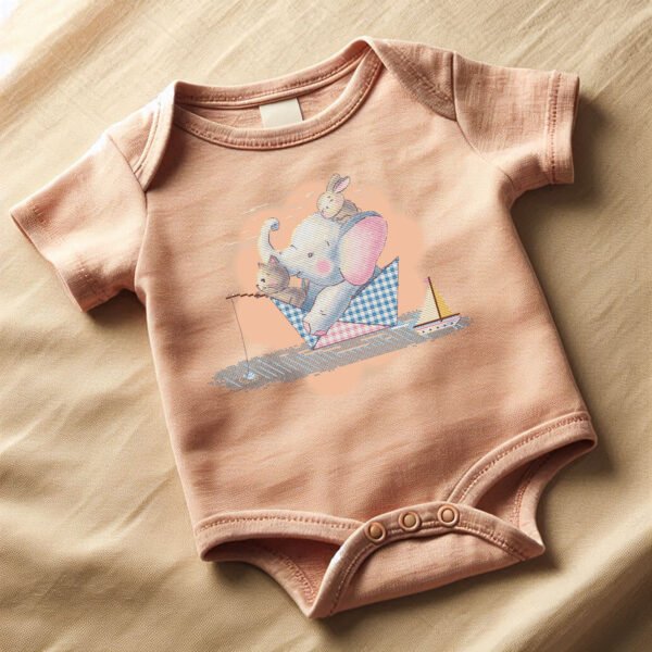 Baby onesie with a cute cross stitch design of an elephant, a bunny and a cat in a small paper boat, perfect for soft nursery décor.