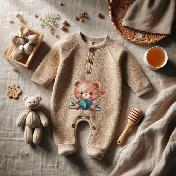 cross stitch of a woodland bear reading a book with cozy floral accents on kids clothes