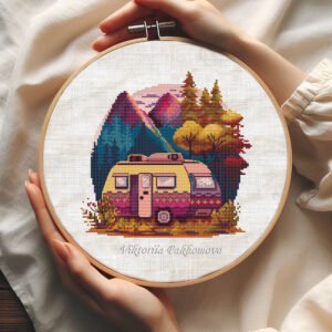 Cross stitch hoop mockup featuring mountain lake camping scene in soft watercolor style