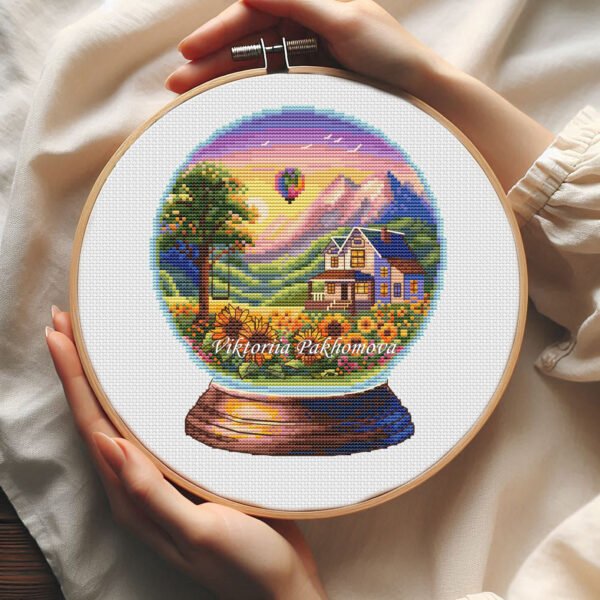 57 Cross stitch embroidery of a summer glass ball scene with a house and sunflowers, displayed in a wooden hoop