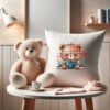 cross stitch of a woodland bear reading a book with cozy floral accents on kids pillow