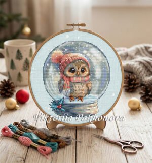 Snow globe owl cross stitch pattern displayed in wooden embroidery hoop on a table with embroidery floss and scissors, cozy Christmas decor background