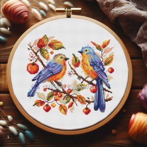 Autumn Robins cross stitch pattern in embroidery hoop – redbreast birds with fall leaves