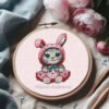 Cross stitch embroidery of a baby cat in a bunny costume displayed in a wooden hoop.