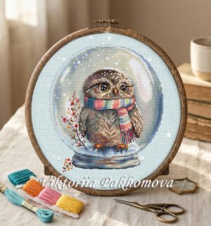 Snow globe owl cross stitch pattern – winter bird embroidery design