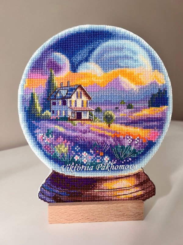 IMG_4978 Lavender Glass Ball Landscape Cross Stitch Pattern Summer House Embroidery In Snow Globe PDF