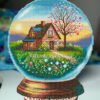 Plastic canvas cross stitch of a glass ball with a spring landscape, small house and colorful garden details