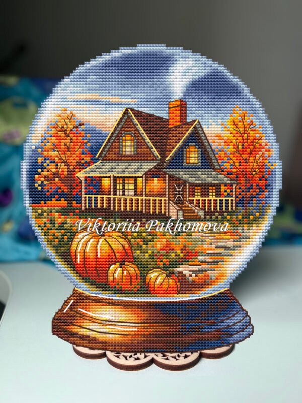Autumn Glass Ball Cross Stitch Pattern  Fall Landscape House Colorful Embroidery PDF Download