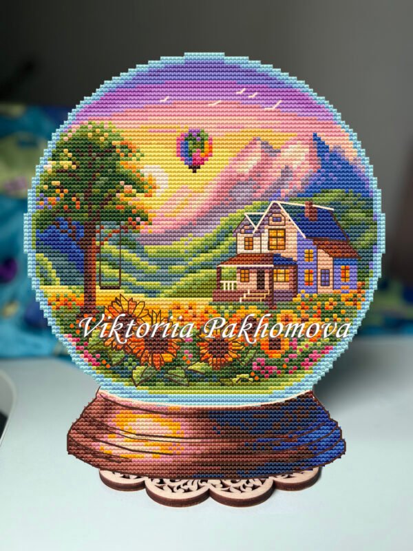 IMG_E0903 Sunflower Glass Ball Landscape Cross Stitch Pattern Summer Floral House Embroidery (PDF Digital Download)