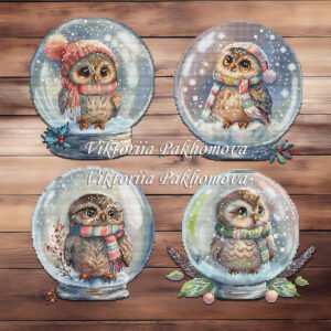 Snow Globe Owl cross stitch pattern bundle — four winter birds in glass snow globes, hand‑drawn embroidery designs, PDF set.