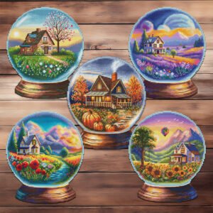 Glass Ball Houses cross stitch bundle with five seasonal cottage designs in glass ball style.