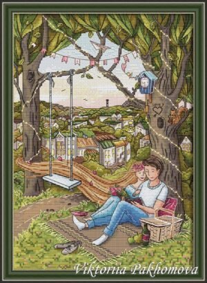 Romantic picnic cross stitch embroidery framed – modern cozy love decor