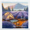 finished embroidery of a lavender camping scene with a tent, bicycle and mountains