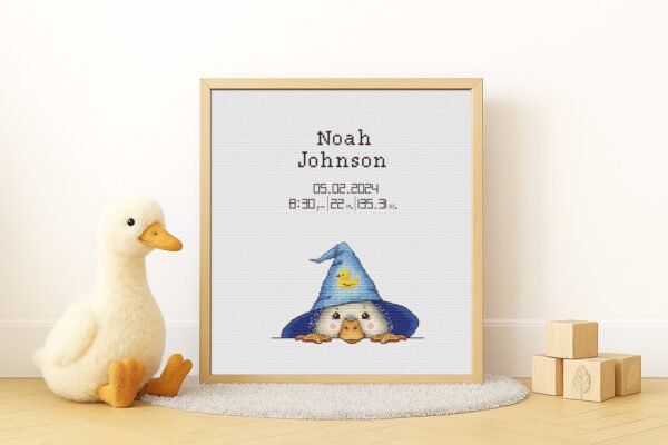 make the goose fluff Framed Baby Goose cross stitch birth announcement with pastel colors and personalized baby details.