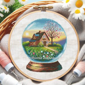 Cross stitch embroidery of a spring glass ball scene with a garden house and colorful flowers in a wooden hoop