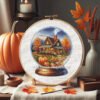 Cross stitch embroidery of an autumn glass ball scene with a cozy house and bright fall colors in a wooden hoop
