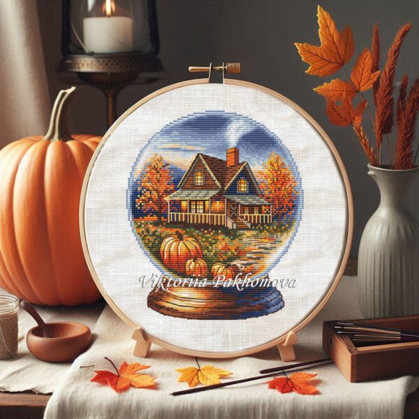 Cross stitch embroidery of an autumn glass ball scene with a cozy house and bright fall colors in a wooden hoop