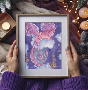 Steampunk manticore cross stitch pattern in wooden frame with wings, gears and fantasy details