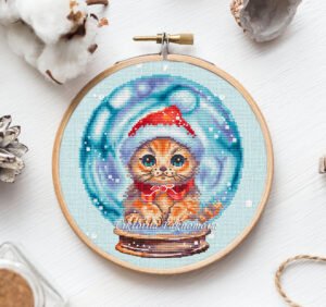 Snow Globe Cat cross stitch pattern with a winter feline in a glass snow globe, hand‑drawn PDF