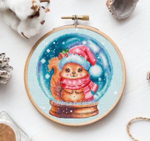 Snow Globe Squirrel cross stitch pattern with a winter woodland squirrel in a glass snow globe, hand‑drawn PDF.
