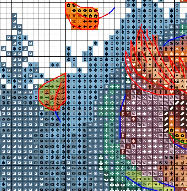 Close‑up view of the Camping Owl cross stitch chart showing clear symbols and detailed color blocks